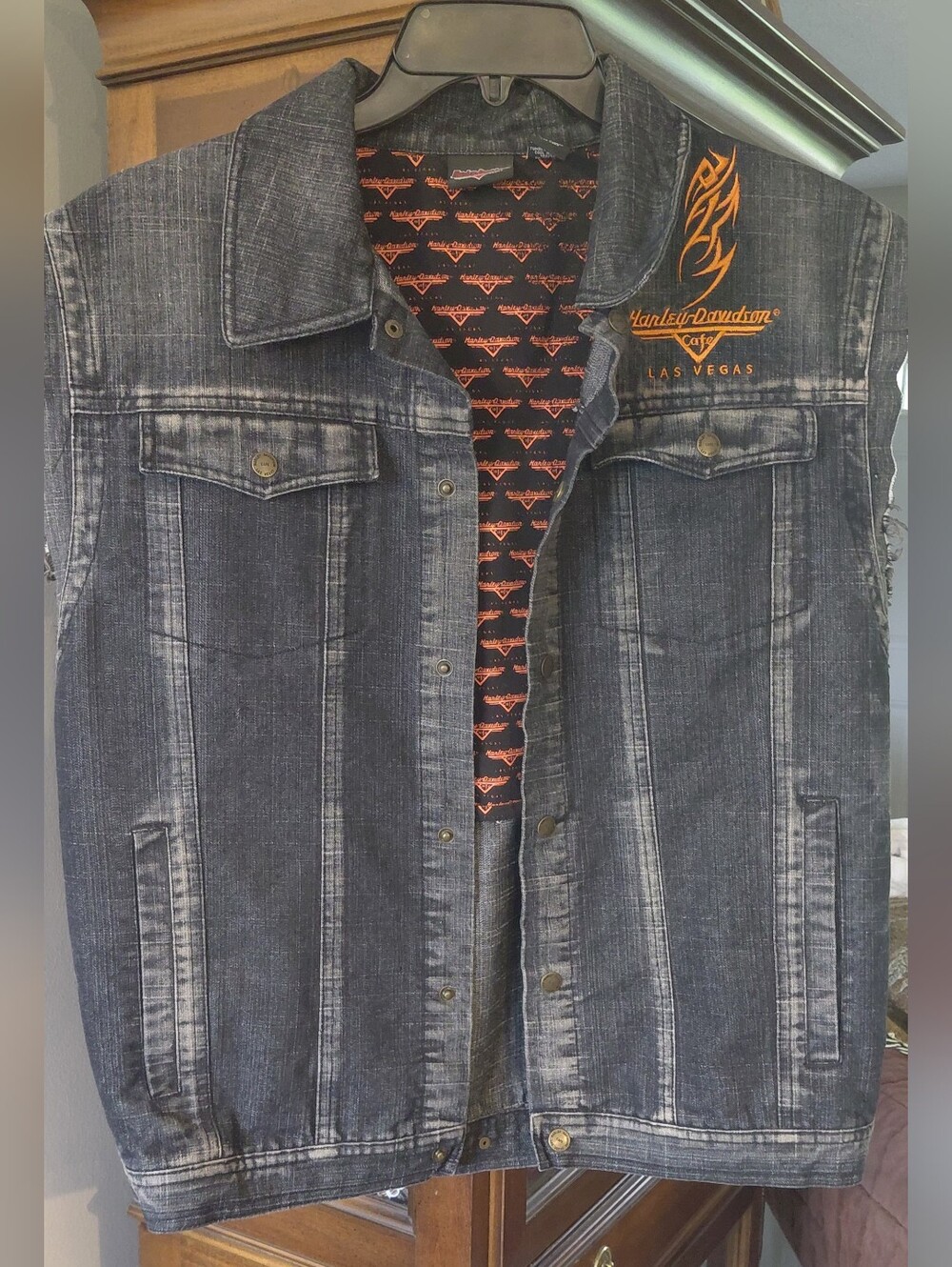 Harley-Davidson Black Washed Denim Vest with Orange Logo